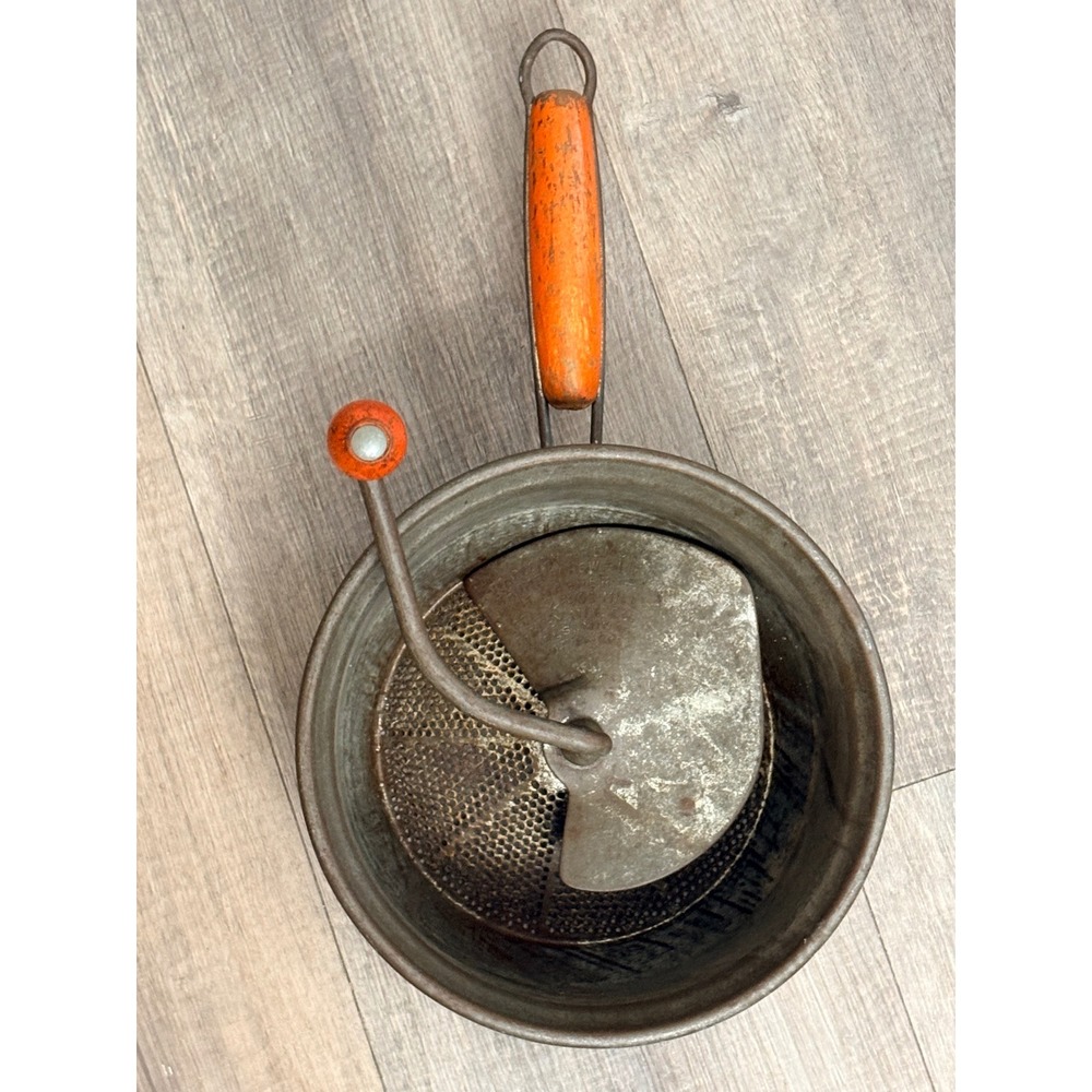 Vintage Foley Food Mill Galvanized Metal Hand Crank orange Wood Handle Rustic